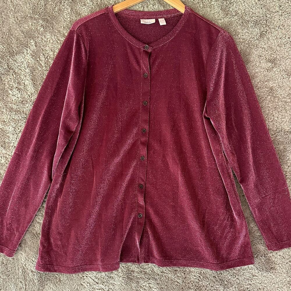 Logo Layers Lori Goldstein Metallic Mesh Cardigan Mulled Wine L Large